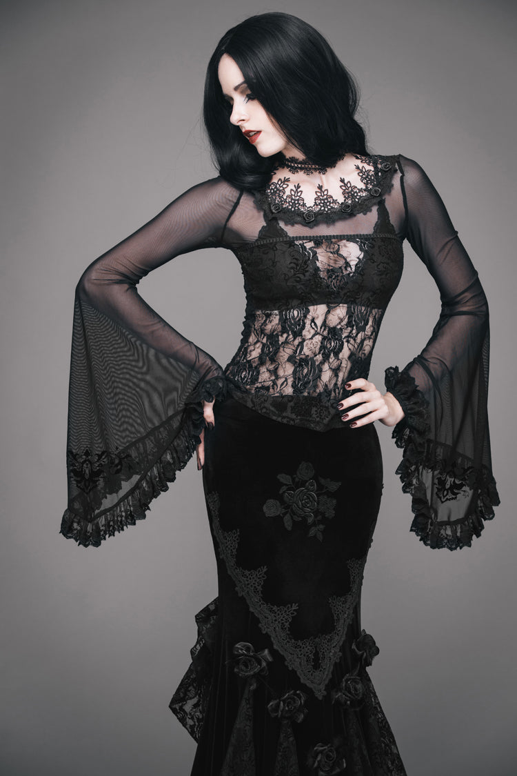 Black Lace Collar Big Flare Sleeve Rose Lace Mesh Women's Gothic T-Shirt