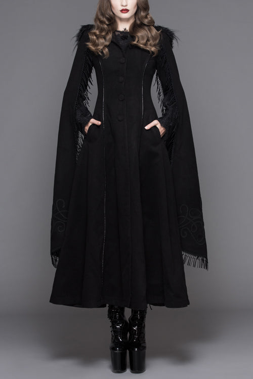 Black Hand Embroidered Shawl Double Sided Tweed Womens Gothic Coat