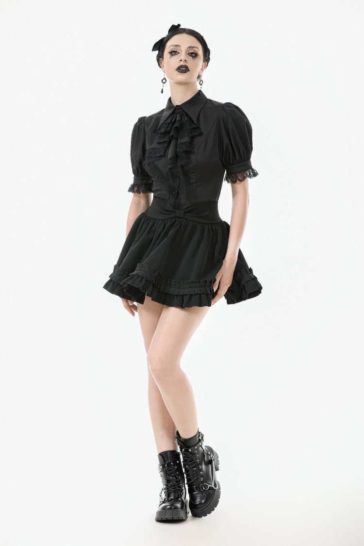 Black Point Lapel Collar Short Puff Sleeves Women's Gothic Blouse with Removable Rosette Cravat