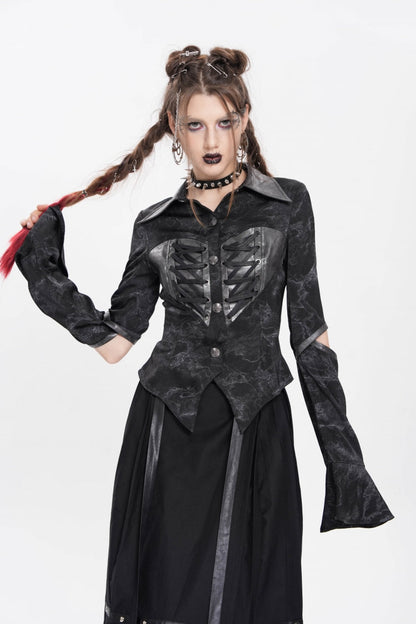 Black Lapel Collar Long Sleeves Print Lace-Up Cutout Women's Punk Blouse