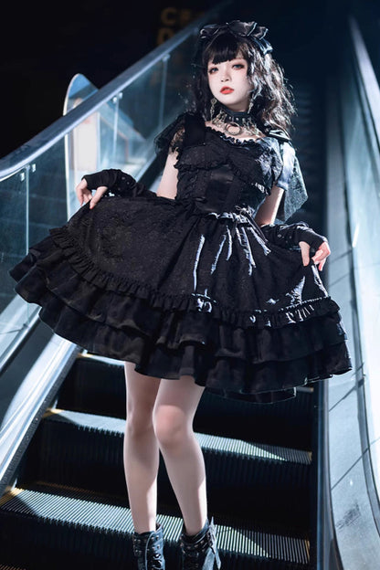 Black Lace Flying Sleeves Fish Bone Ruffle Gothic Lolita Dress