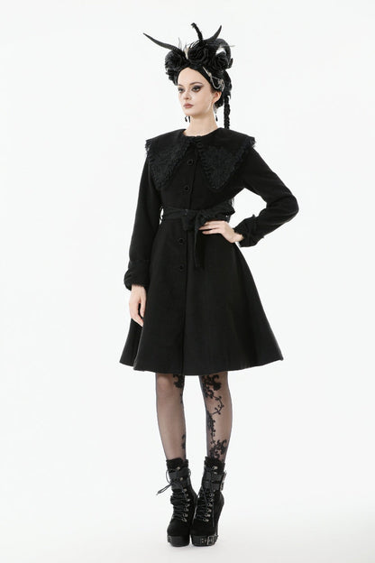 Black Floral Embroidered Peter Pan Collar Long Sleeves Bowknot Women's Gothic Coat