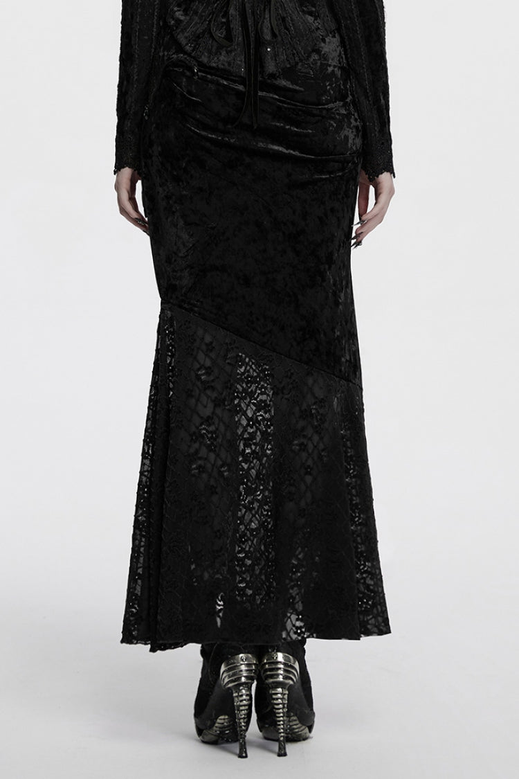 Black Batwing Hollow Embroidery Stitching Lace Women's Gothic Fishtailed Skirt