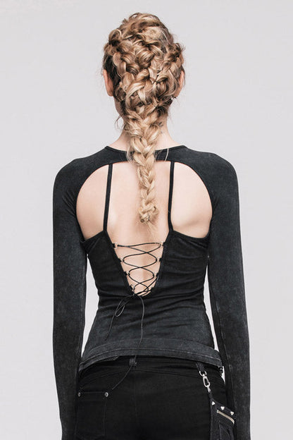 Black Hollow Out Long Sleeves Womens Punk Straps T-Shirt