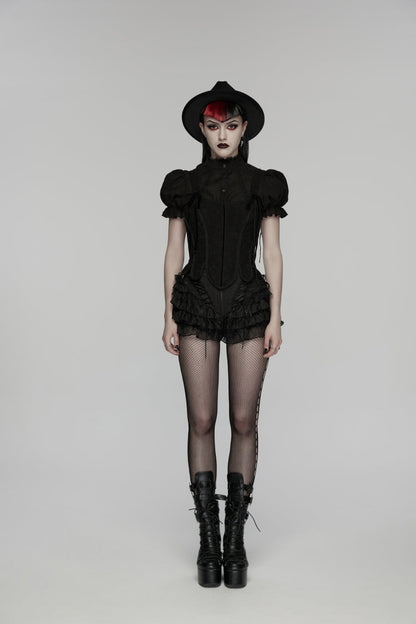 Black Multi-Layered Embroidered Lace Lace-Up Pleated Women's Gothic Shorts