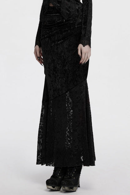 Black Batwing Hollow Embroidery Stitching Lace Women's Gothic Fishtailed Skirt