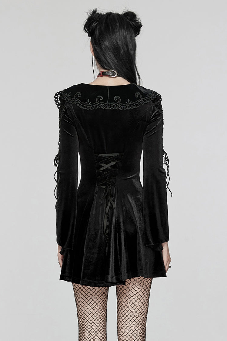 Black Doll Collar Long Sleeves Gradient Embroidery Women's Gothic Prom Dress