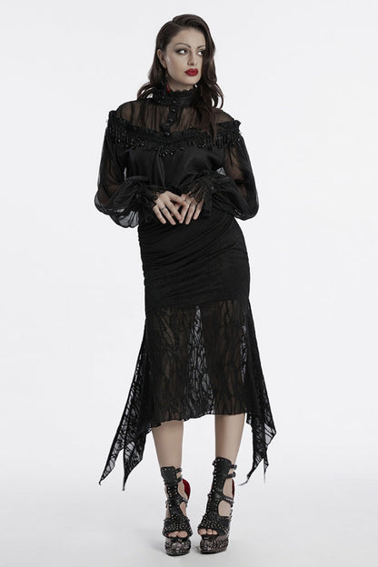 Black Long Sleeves Ruffle Sheer Mesh Women's Gothic Blouse