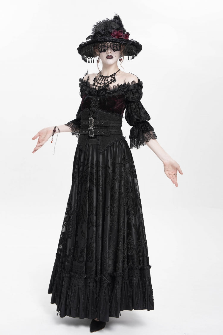 Black Jacquard Embroidery Buckle Tassels Women's Gothic Long Skirt