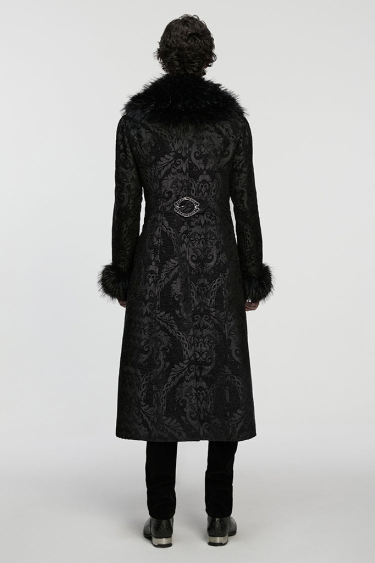 Black Fuax Fur Collar Long Sleeves Jacquard Zipper Men's Gothic Coat