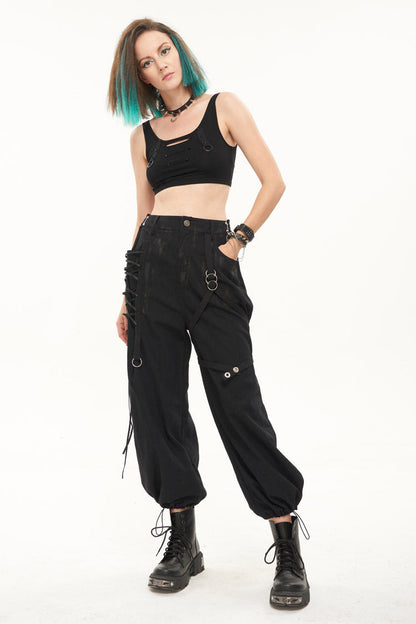 Black Irregular Print Single Side Frenulum Ring Legs Drawstring Closing Women's Punk Pants