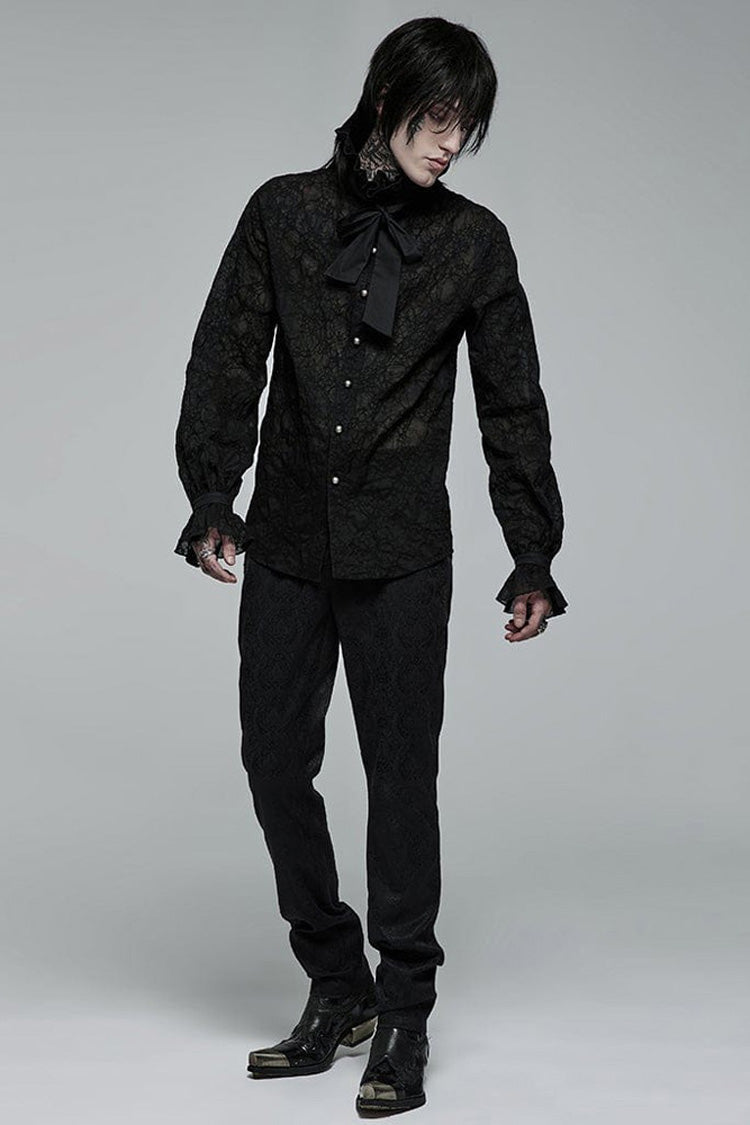 Black Gothic Long Sleeve Mesh Texture Fabric Lace Pleated Ruffle Tie Design Men's Shirt