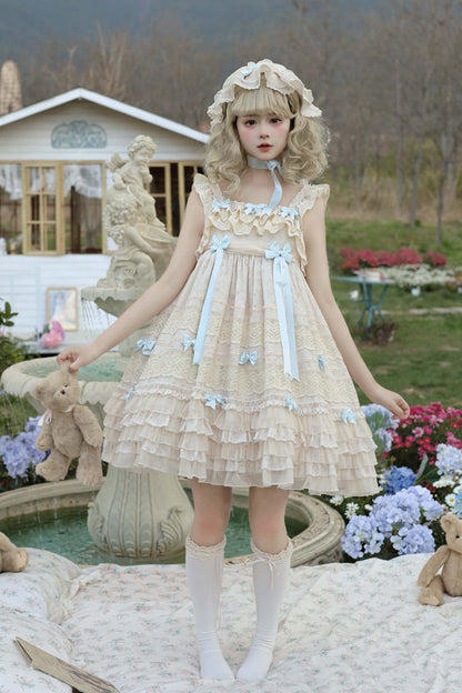 Beige [Little Wind Chime] Sleeveless Multi-Layered Printed Ruffled Bow Lace Sweet Elegant Princess Lolita Jsk Dress