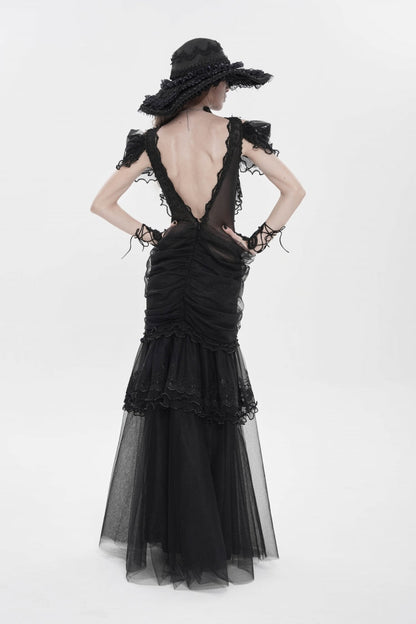 Black Off Shoulder Ruffled Cut-Out Lace Pleated Women's Gothic Dress