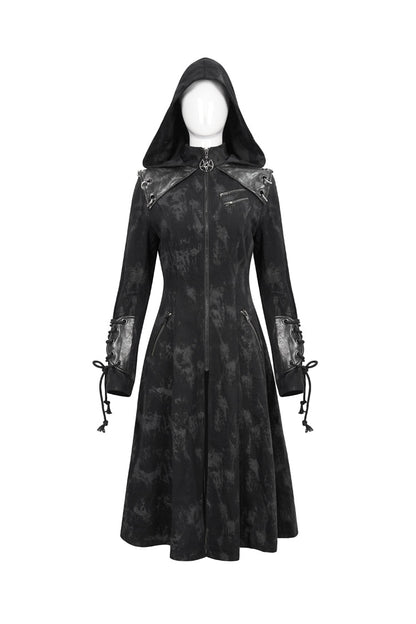 Black Faux Leather Splice With Hood Irregular Pattern Print Long Women's Punk Coat
