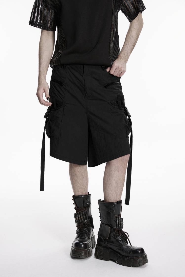 Black Buckled Men's Punk Shorts WIth Big Pocket