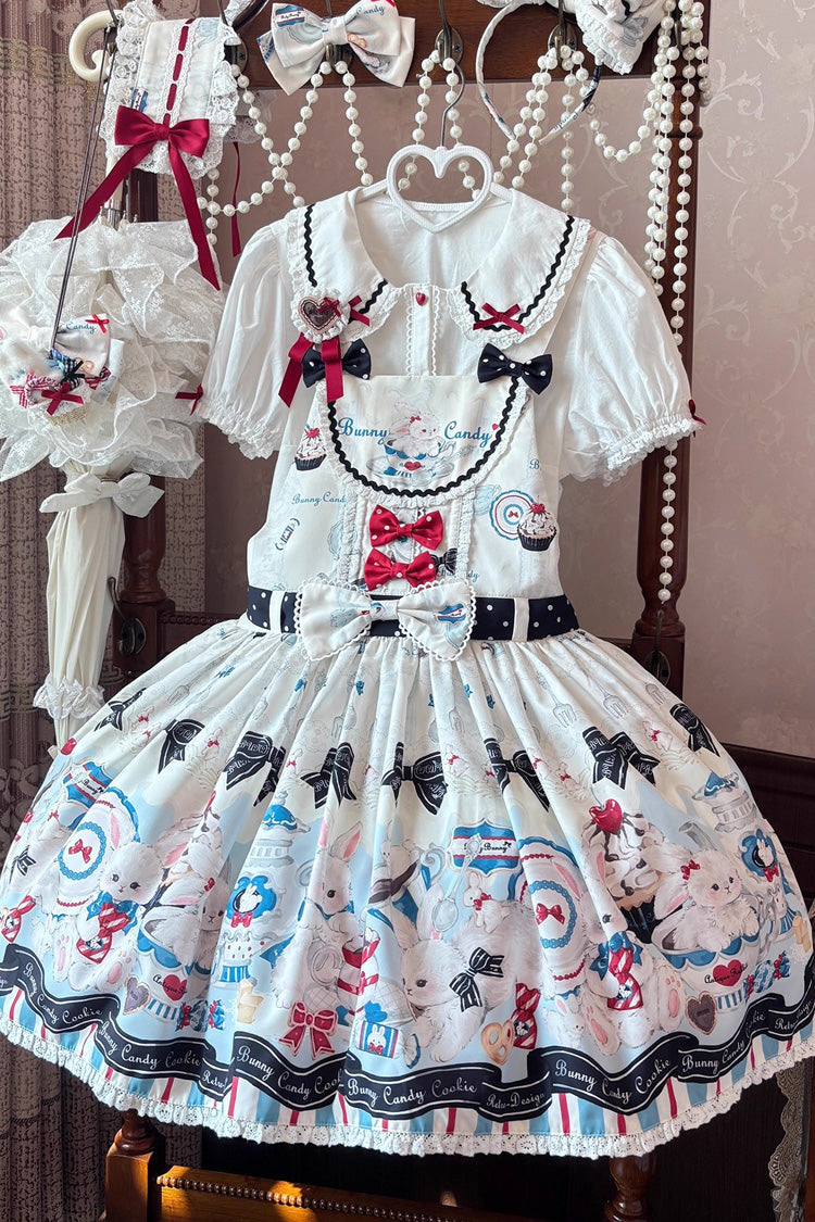 Beige [Mystery Rabbit Tea Party] Sleeveless Print Bowknot Lace Sweet Lolita Strap Dress