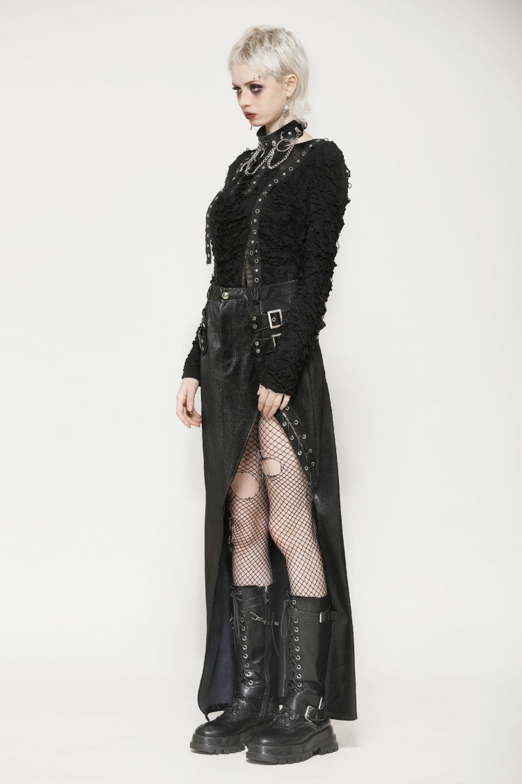 Black Leather Women's Punk Buckled Side Slit Irregular Hem Skirt