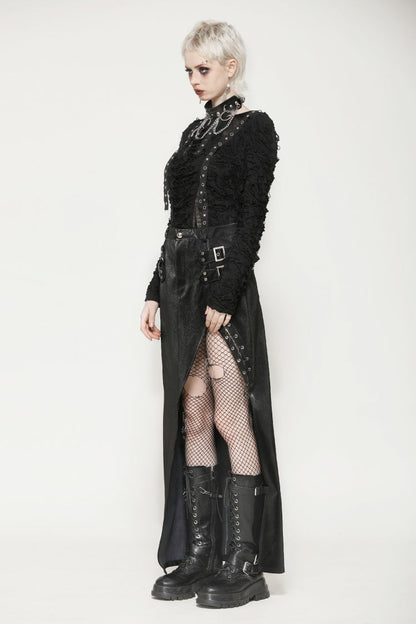 Black Leather Women's Punk Buckled Side Slit Irregular Hem Skirt