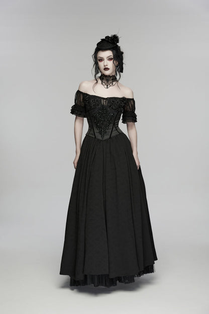 Black Off Shoulder Short Puff Sleeves Ruffled Hanayome Embroidered Lace Women's Gothic Elegant Gorgeous Dress