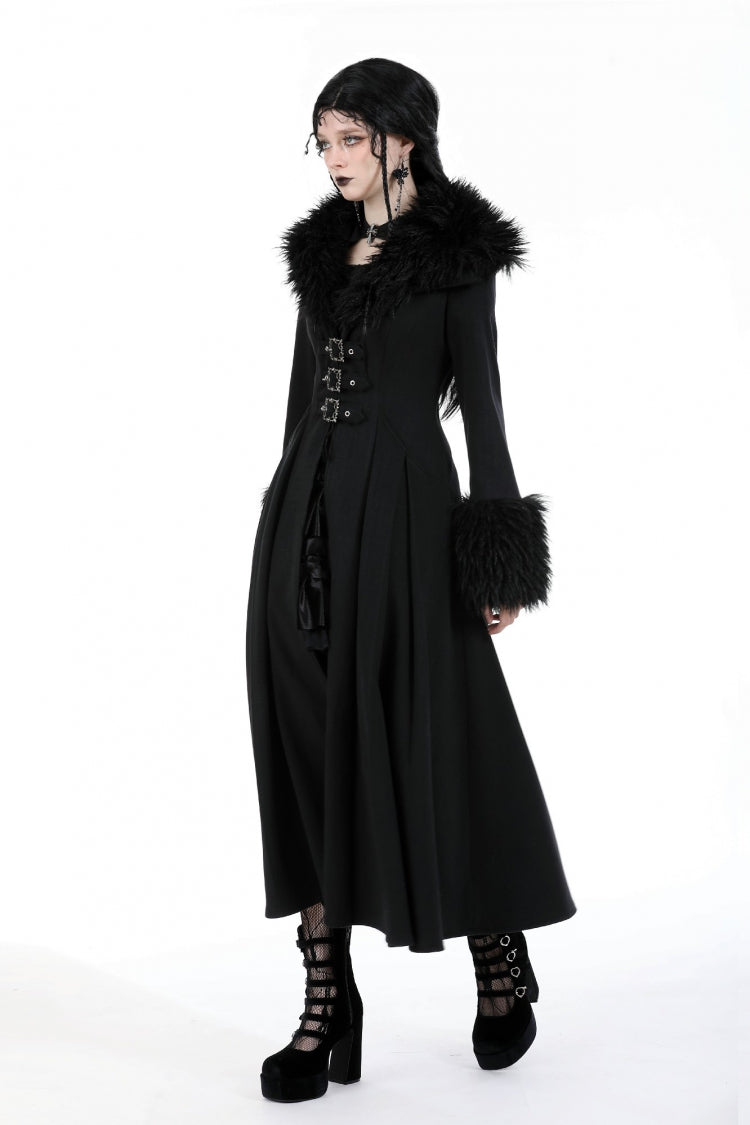 Black Long Sleeves Lace-Up Buckled Women's Gothic Draped Coat with Faux Fur Collar