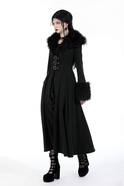 Black Long Sleeves Lace-Up Buckled Women's Gothic Draped Coat with Faux Fur Collar