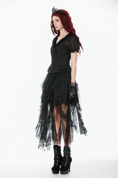 Black Deep V Collar Short Puff Sleeves Multi-Layered Ruffled Lace Sheer Women's Gothic Blouse