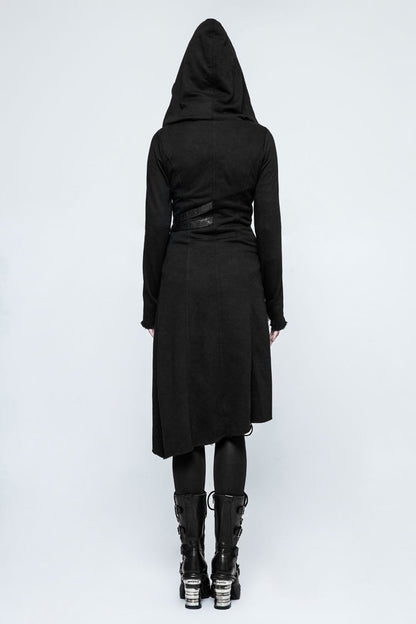 Black Long Sleeves Hooded Asymmetric Women's Gothic Military Coat With Belt