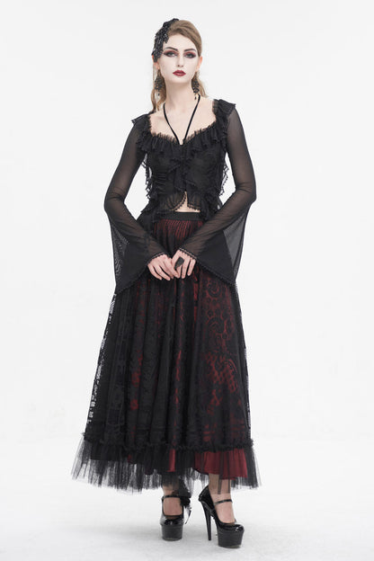 Black Lace Up Ruffled Trumpet Sleeves Mesh Women's Gothic Shirt
