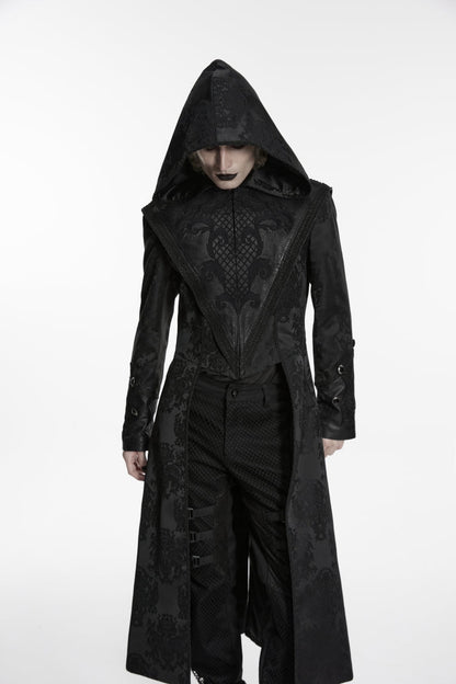 Black Long Sleeves Jacquard Embroidered Spliced Lace Hooded Color-Blocked Men's Punk Cool Coat