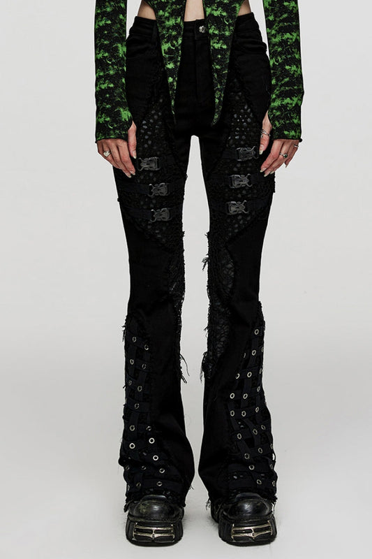 Black Hole Eyes Buckle Unedged Flared Women's Punk Pants