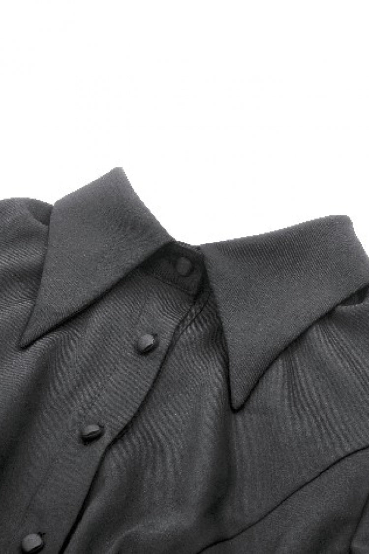 Black Point Lapel Collar Short Puff Sleeves Women's Gothic Blouse with Removable Rosette Cravat