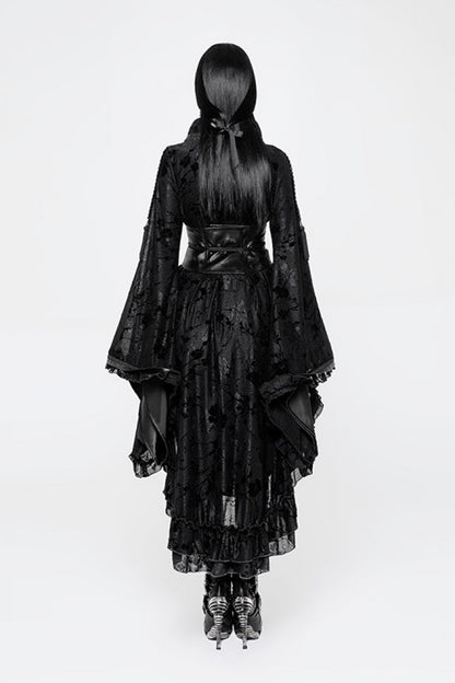 Black Long Sleeves Print Ruffle Women's Gothic Kimono Dress