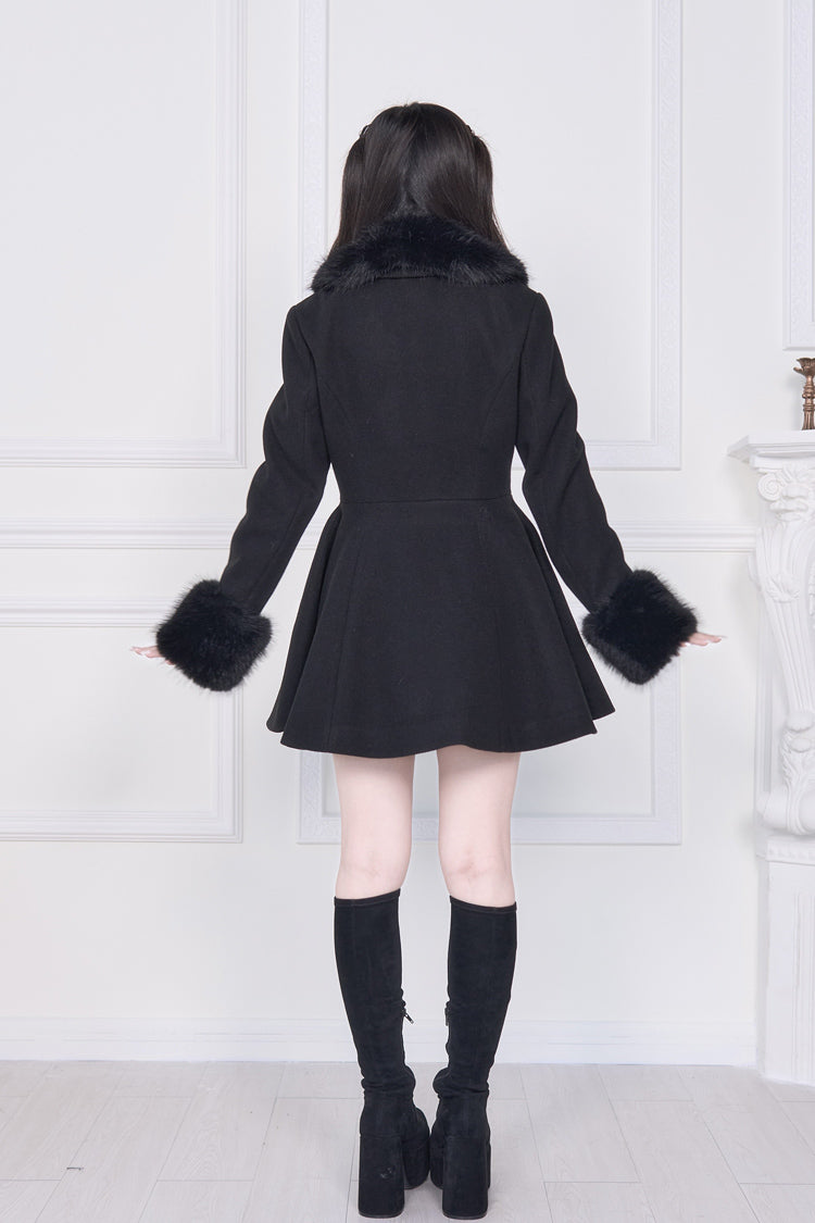 Black Plush Collar Long Sleeves Bowknot Japanese Sweet Lolita Coat