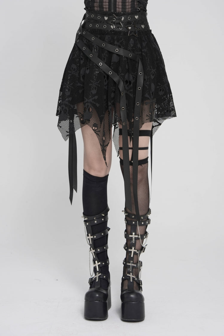 Black Double-Layered Lace Lace-Up Irregular Mesh Eyelet Women's Punk Skirt