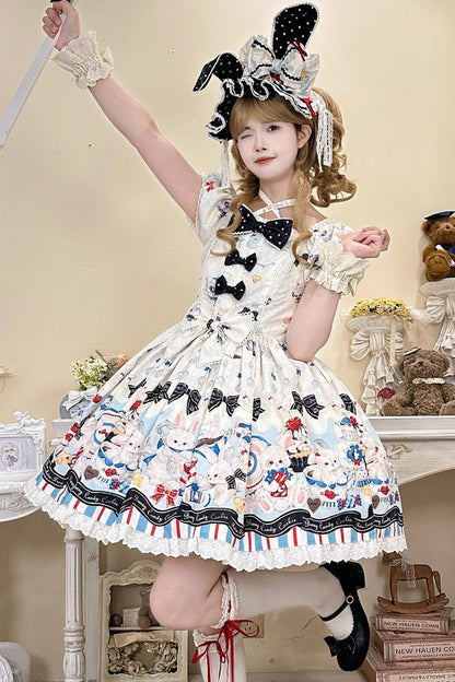 Beige [Mystery Rabbit Tea Party] Square Collar Short Sleeves Print Ruffle Bowknot Lace Sweet Lolita Dress