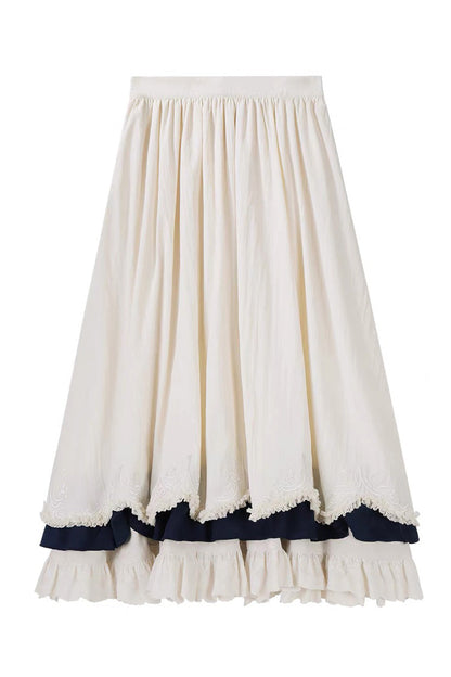 Beige [Morning Mist Coast] Stand Collar Long Sleeves Ruffle Embroidery Vintage Elegant Lolita Skirt Dress Set