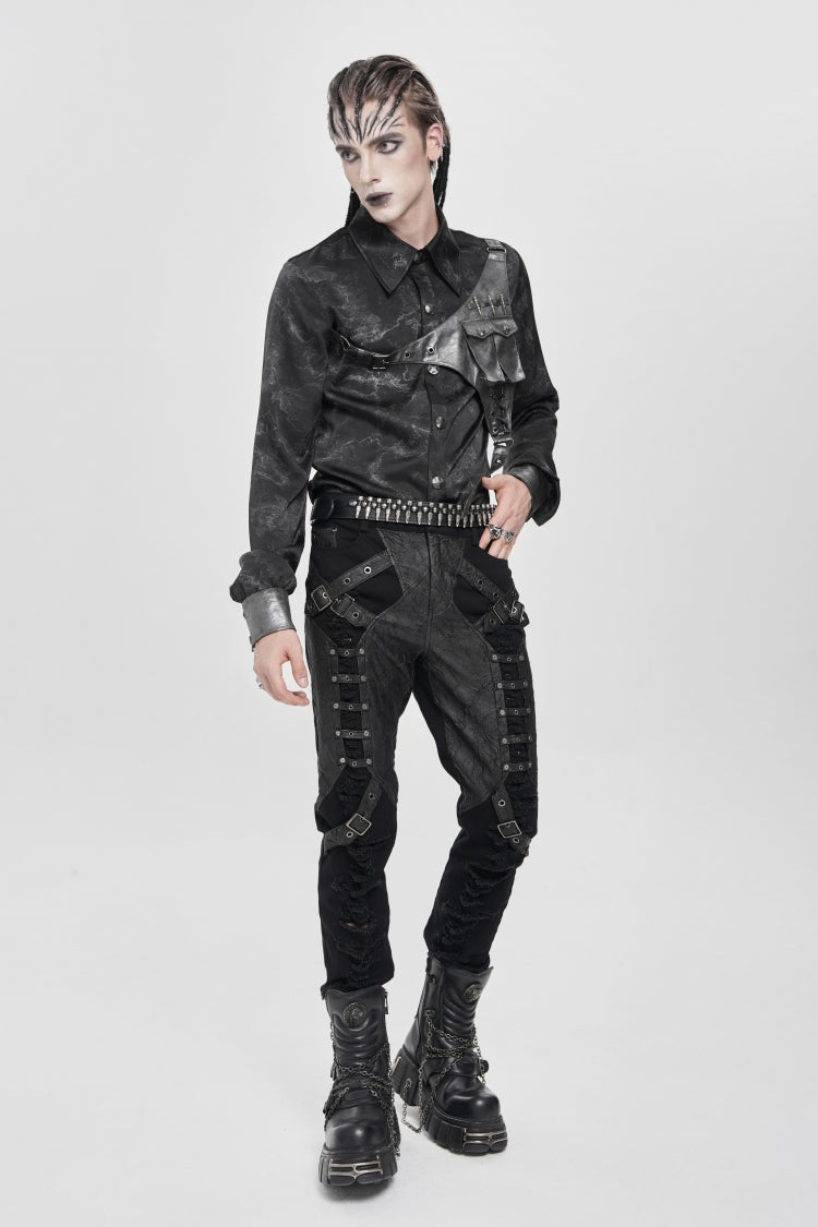 Black Long Sleeves Print Stitching Asymmetric Bullet Men's Punk Blouse
