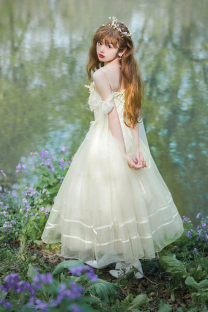 Beige Small Ballet High Waisted Bowknot Chiffon Long Version Sweet Lolita JSK Dress