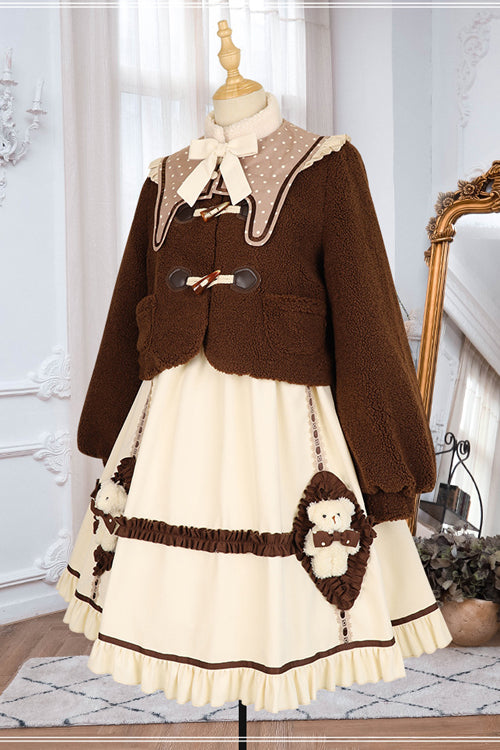 Beige Round Collar Lantern Sleeves Cute Bear Sweet Lolita OP Dress