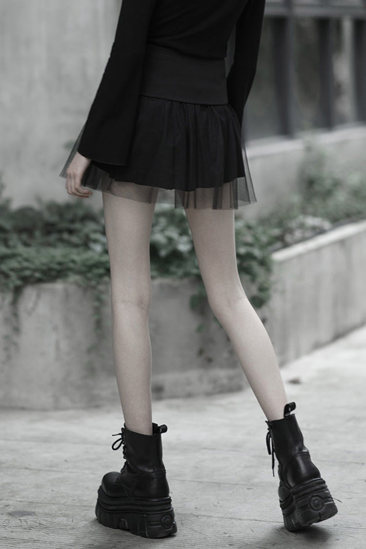 Black Binding Mesh Plaid High Waist Women's Steam Punk Skirt
