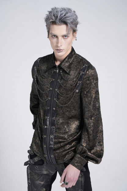 Black Lapel Collar Long Puff Sleeves Faux Leather Stitching Men's Gothic Blouse with Chain