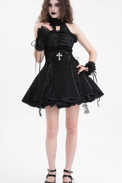 Black Halterneck Cut-out Ruffle Lace Women's Gothic Dress