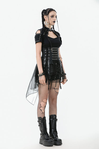 Black High Waisted Lace-Up High/low Mesh Women's Punk Skirt