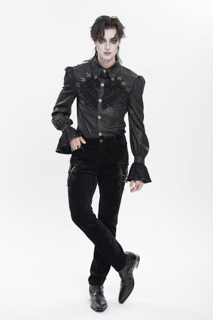 Black Cross Spider Turn-down Collar Long Trumpet Sleeves Printed Lace Men's Gothic Shirt