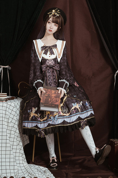 Black Navy Collar Long Sleeves Butterfly Print Ruffle Bowknot Gothic Elegant Princess Lolita Dress