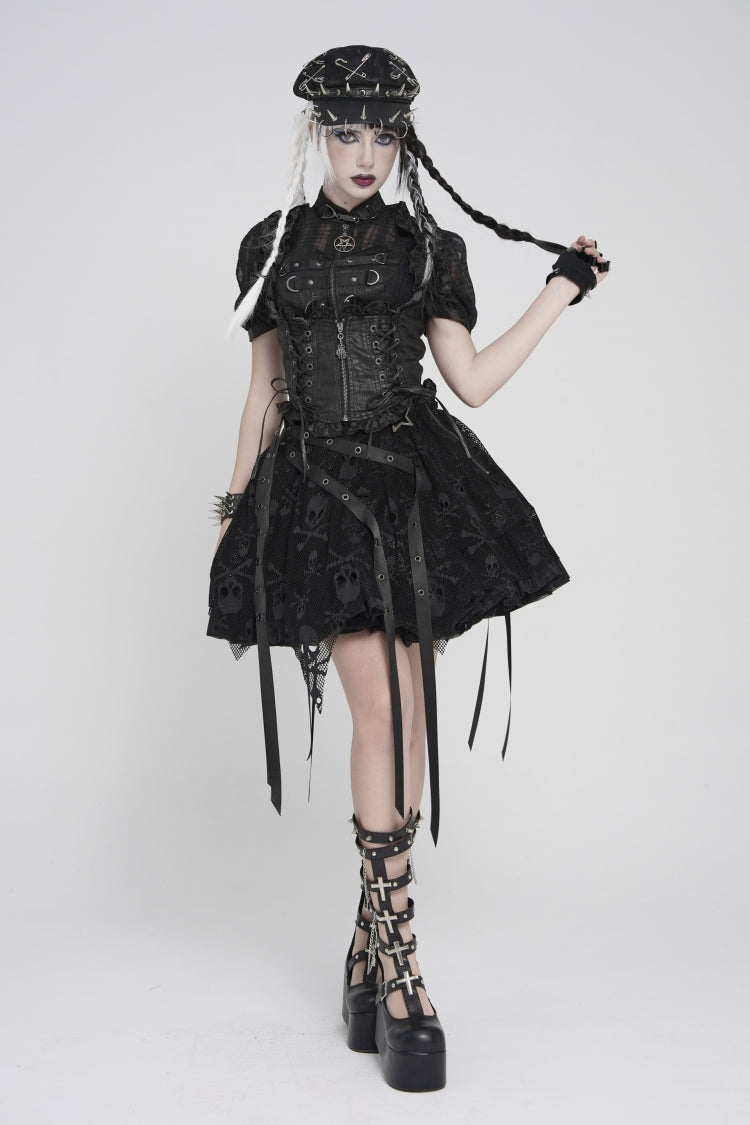 Black Bow Lace-Up Slim Zippered Women's Gothic Swallow-tailed Vest