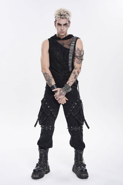 Black Hooded Sheer Asymmetric Chain-Decorated Men's Punk Hooded Vest
