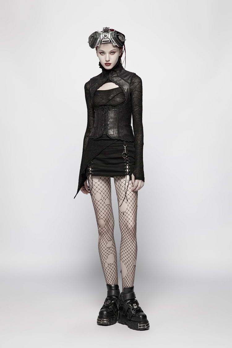 Black Back Waist Lace Up High Collar Front Metal Rivet Chest Hollow-Out Women's Punk Floral Vest