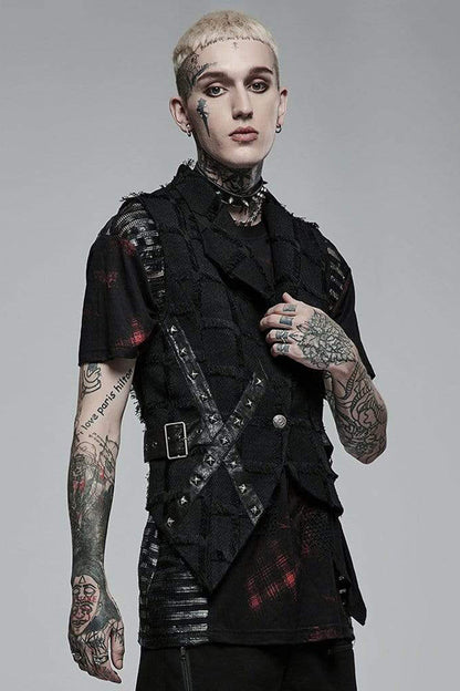 Black Gothic Asymmetrical Decadence Hairy Flu Back Cutout Design Leather Strip Metal Rivets Men's Vest
